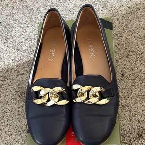 Bueno Women's Black Loafers with Gold Chain Detail